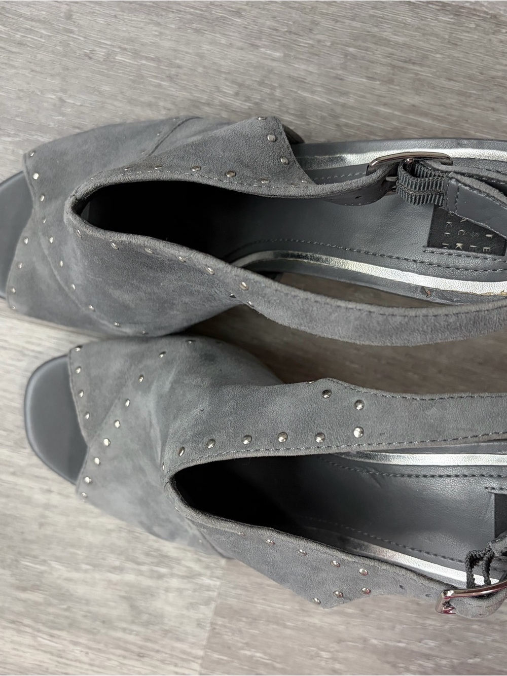 White House Black Market Grey Suede Open-Toe Slingback Mules with Studs